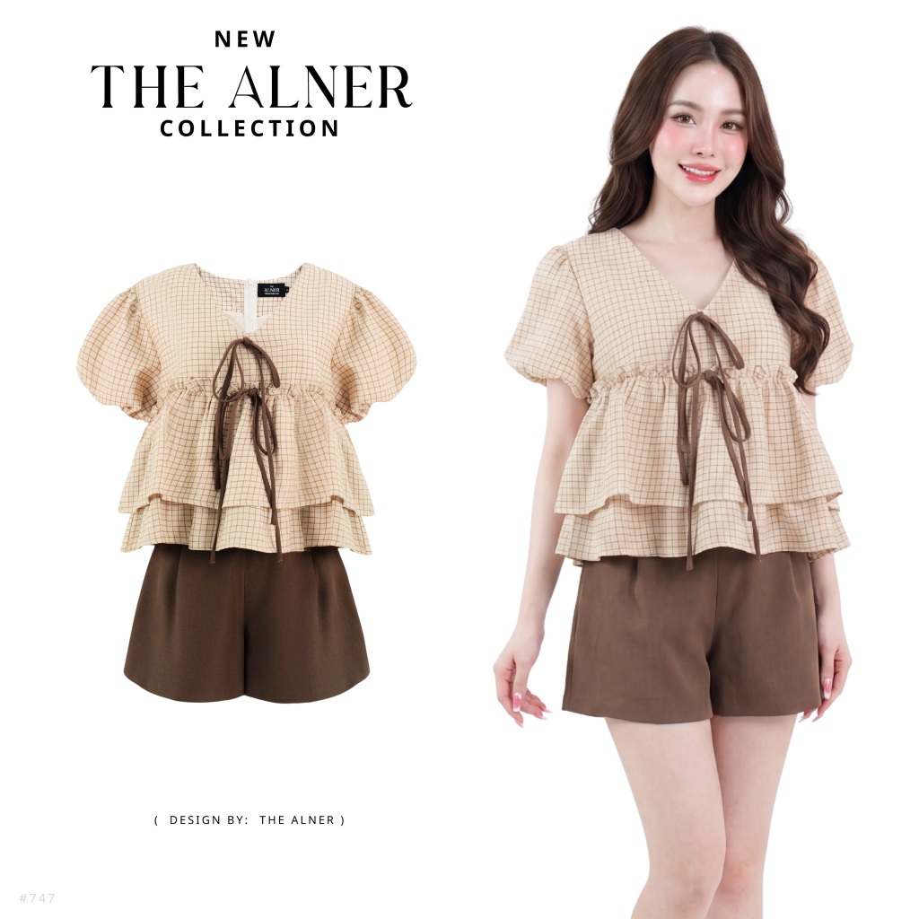 Thealner-AN743  เซตเสื้อเทาลายตารางแขนตุ๊กตากางเกงยีนส์ขายาว
