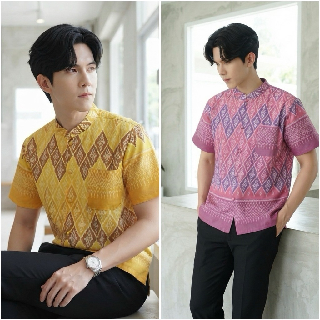 เสื้อผ้าฝ้ายลายไทย แต่งกระดุมปั้ม คอจีน ผ้าฝ้ายพิมพ์ลายไทย