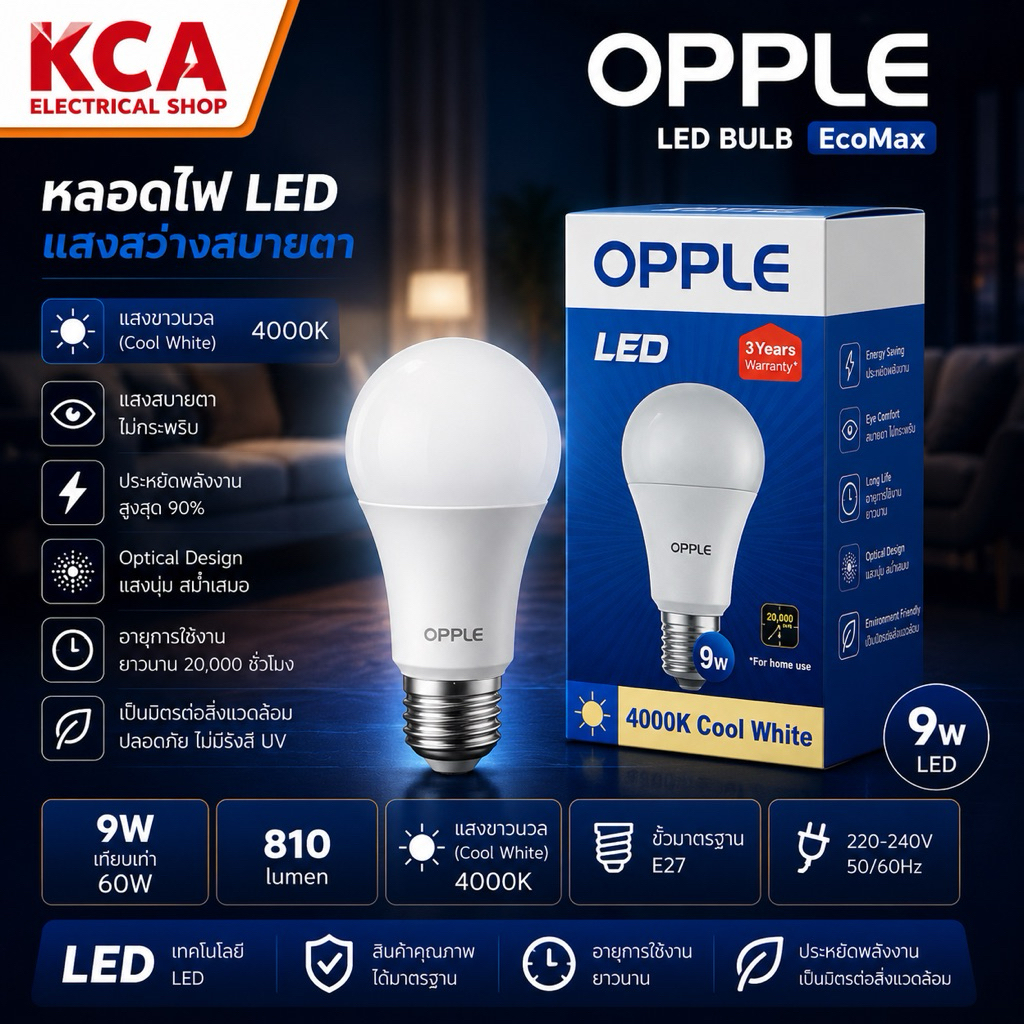 OPPLE หลอดไฟ​ แอลอีดี LED​ BULB OPPLE​ ECOMAX E27​ 3.5W 7W 9W 12W 14W แสงคูลไวท์ COOLWHITE 4000K