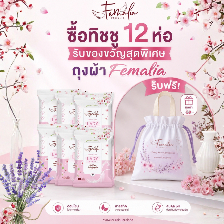 [12 ห่อ] FEMALIA ทิชชูเปียกสำหรับจุดซ่อนเร้น ช่วยระงับกลิ่น ยับยั้งแบคทีเรีย เหมาะสำหรับผิวแพ้ง่าย เด็กใช้ได้ พกพาง่าย