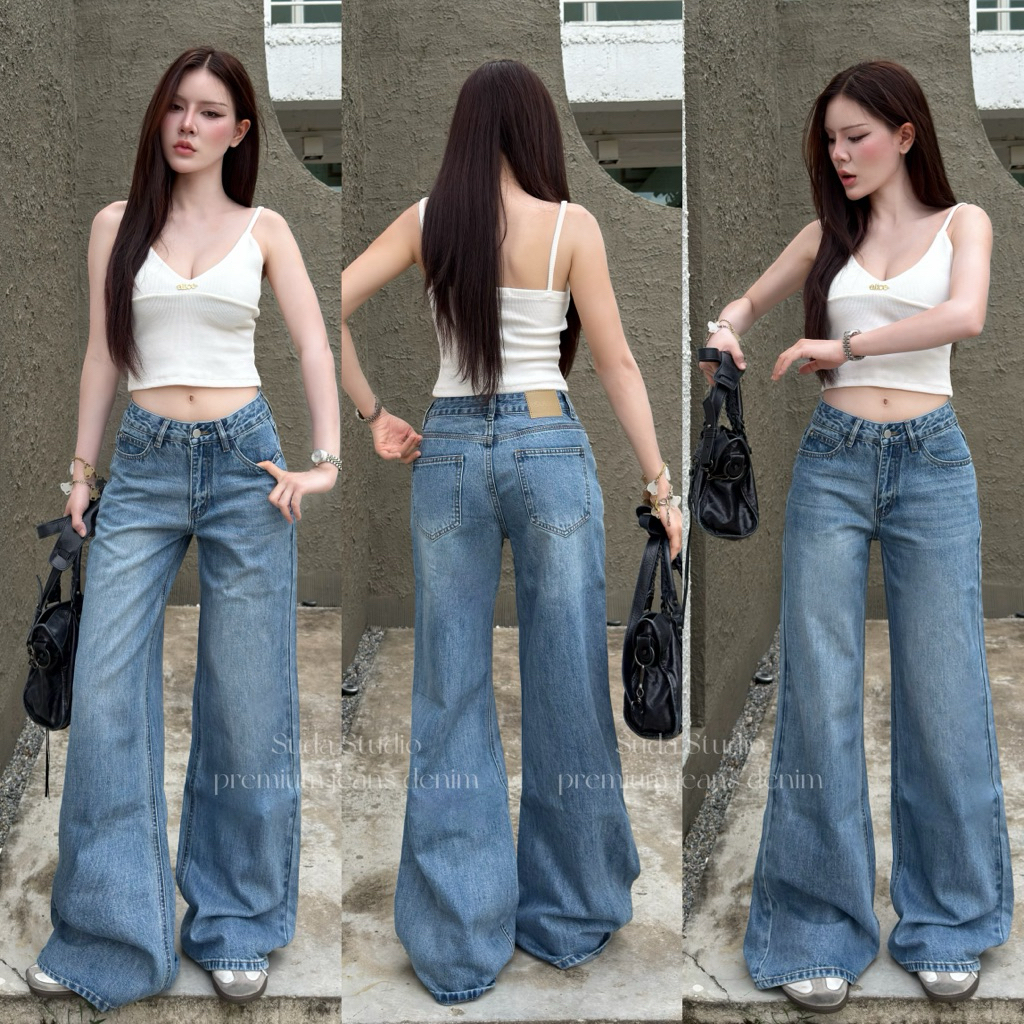 Suda Studio - SD3211 กางเกงยีนส์ทรงขากระบอก เอวต่ำ ผ้ายีนส์ premium (ซิป YKK)