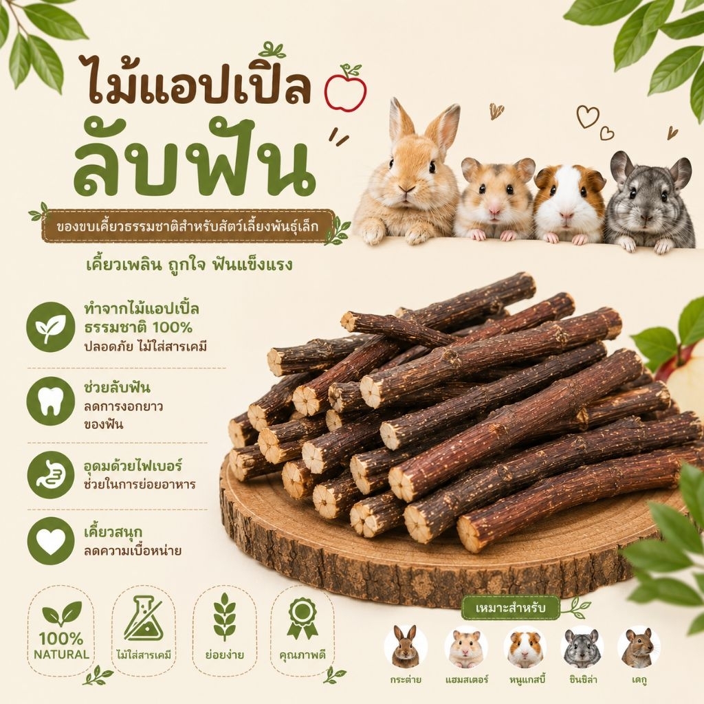 ⭐️ ไม้แอปเปิ้ล Apple Sticks (ลับฟันสัตว์) ขนาดทดลอง (ขนมอาหารสัตว์ฟันแทะแฮมสเตอร์ ชูก้าไรเดอร์ เม่นแคระ ดอเม้าส์)