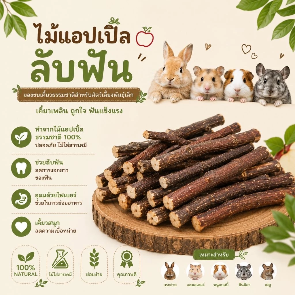 ⭐️ ไม้แอปเปิ้ล Apple Sticks (ลับฟันสัตว์) ขนาดทดลอง (ขนมอาหารสัตว์ฟันแทะแฮมสเตอร์ ชูก้าไรเดอร์ เม่นแคระ ดอเม้าส์)