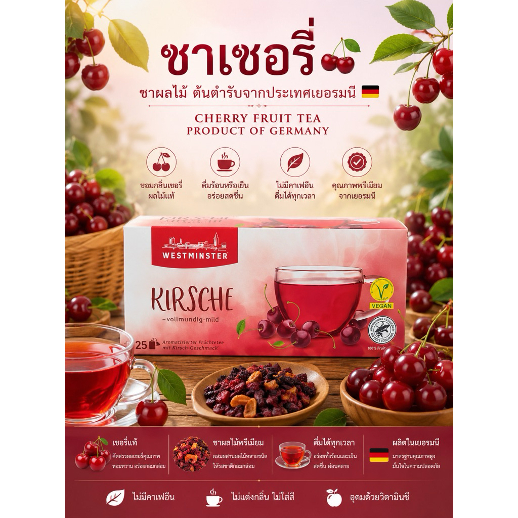 ชาเชอรี่🍒🇩🇪 ชาผลไม้เชอรี่หอมผลไม้แท้ชายอรมัน 1กล่อง 25ซอง