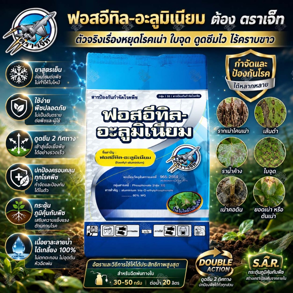 ฟอสอีทิล อะลูมิเนียม (1 กิโลกรัม) 80% WG สูตรเม็ด ละลายง่าย ตราเจ็ท กำจัดโรคพืช โรคเน่า ต้นเน่า