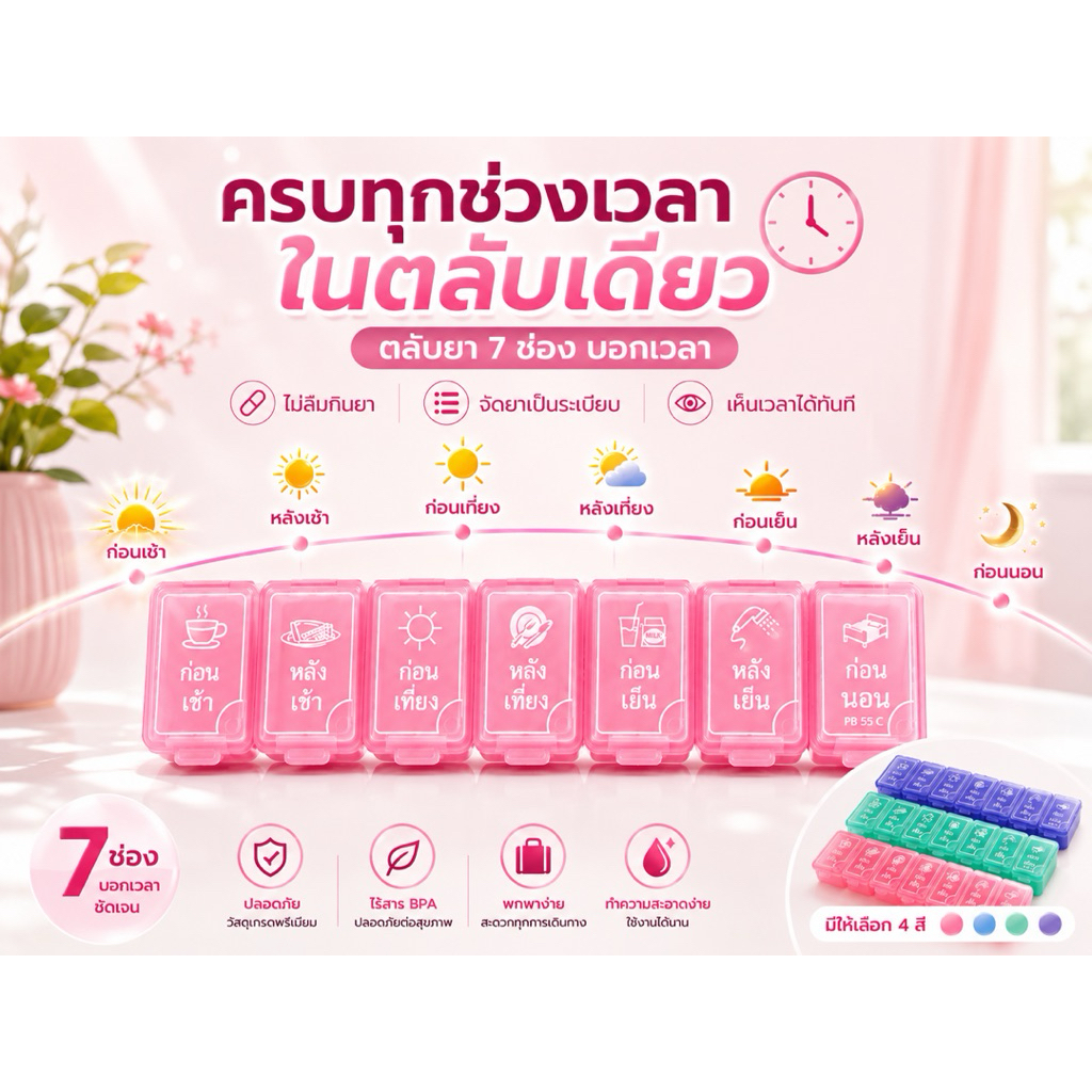 📛ส่งด่วน📛 กล่องใส่ยา7ช่องพกพาตลับยาบอกเวลาทานภาษาไทย