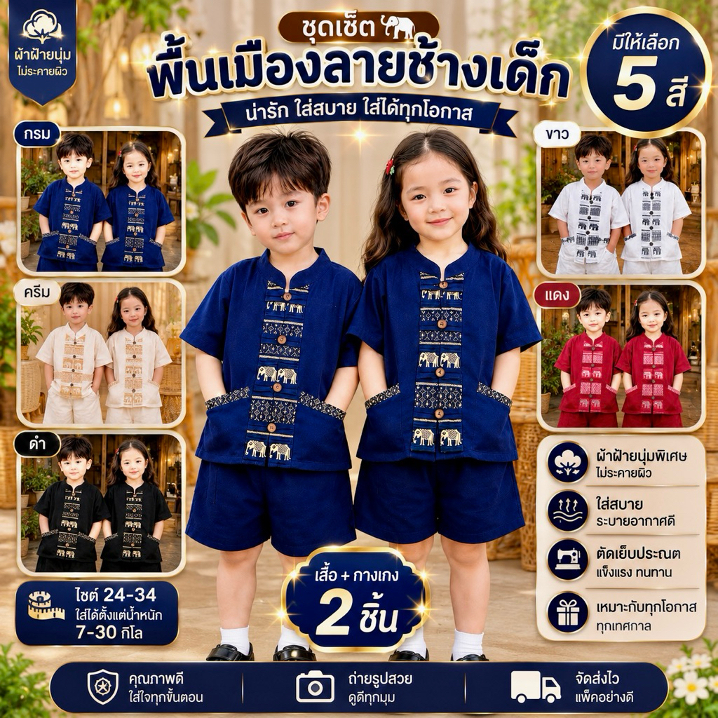ชุดพื้นเมืองเด็ก (เสื้อ+กางเกง) ลายช้าง/ลายไทย/ลายขิด 5สีพร้อมส่ง
