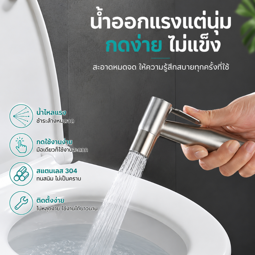 หัวฉีดชำระ สแตนเลส 304 เกรดพรีเมี่ยม หัวฉีดแรงพอดี ครบเซ็ตพร้อมใช้งาน ดีไซน์สวยทน