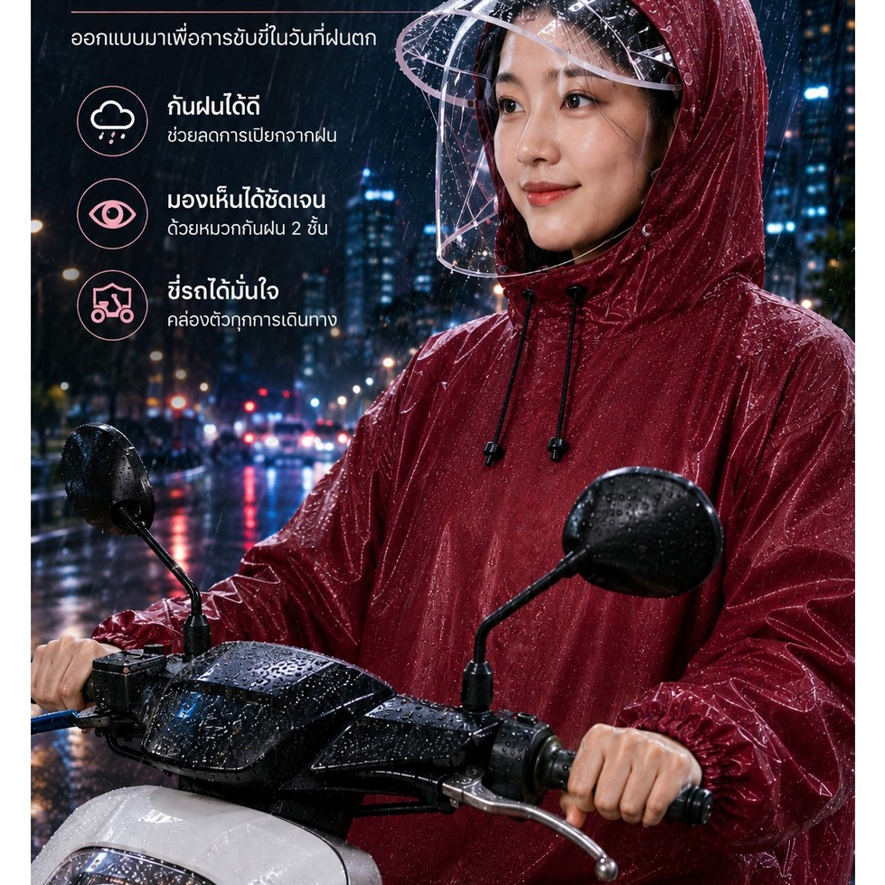 เสื้อกันฝนผู้ใหญ่ มอเตอร์ไซค์ แบบมีแขน หมวกใส 2 ชั้น กันน้ำ กันลม ป้องกันฝนได้ดี