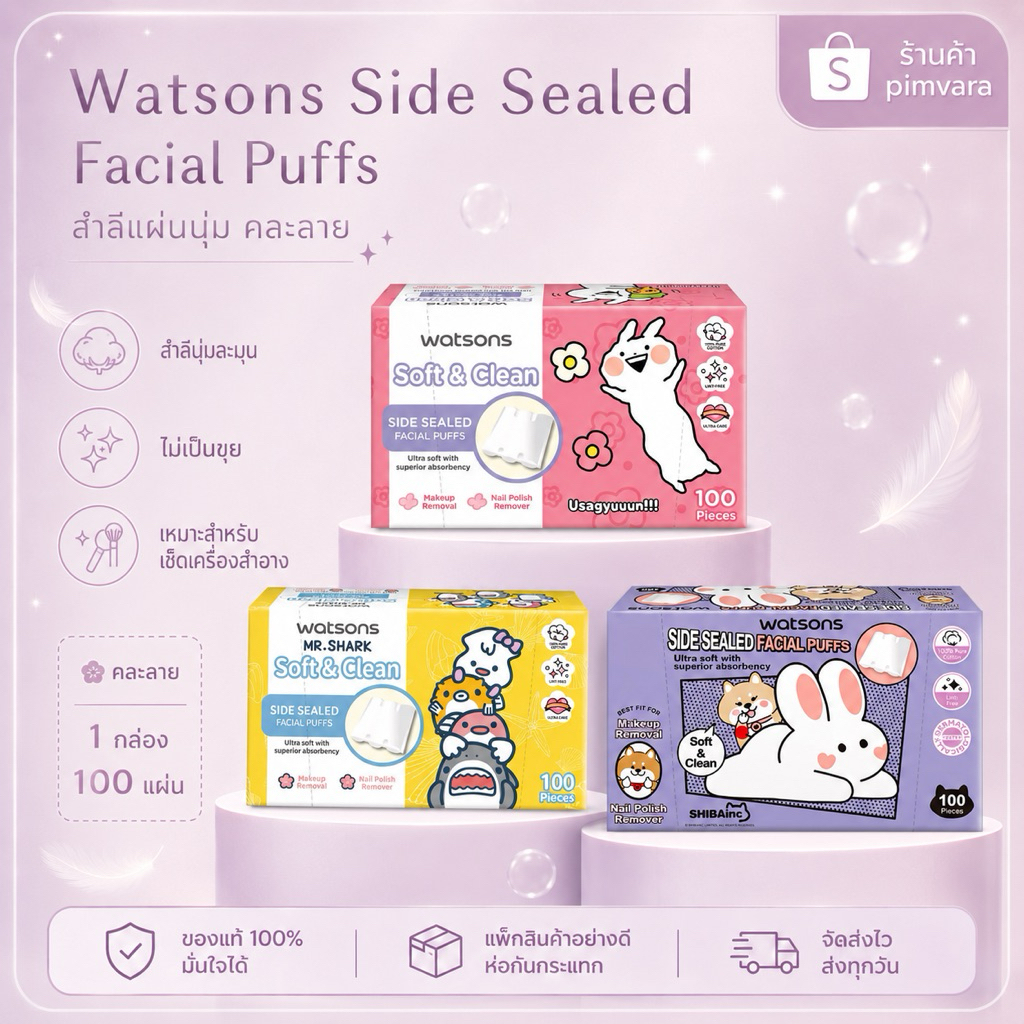 🐯🐤🐻1กล่อง Watsons คละลาย👍น่ารักมุมิ ใช้ดี สำลี Pure Cotton กล่อง 100 แผ่น