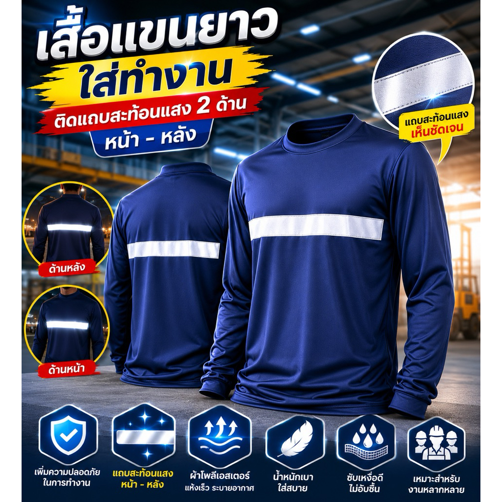เสื้อแขนยาวติดแถบสะท้อนแสง มีทั้งคอกลม คอปก ไซส์ใหญ่สุด3XL