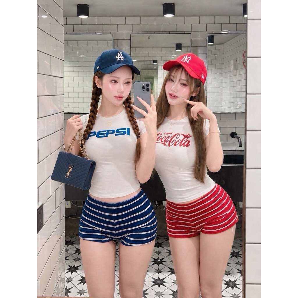 [พร้อมส่ง] Set2ชิ้น เสื้อยืดรัดรูปสไตล์อเมริกัน พร้อมกางเกงขาสั้นลายริ้ว