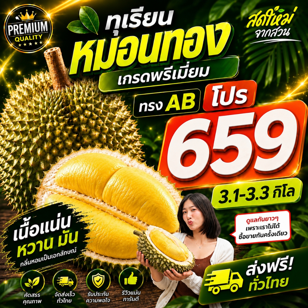 ส่งฟรี! โปรหมอนทองพรีเมี่ยมทรง AB โปร659.-✅3.1-3.3kg.จำนวน 1 ลูก ตัดแก่สดจากสวนจันทบุรี