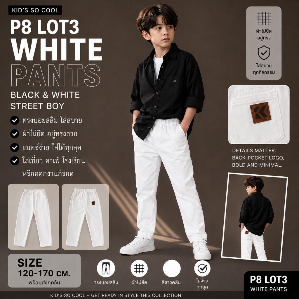 KSC Collection กางเกงขายาวสีขาว รุ่น P8 - WHITEใส่ง่าย ใส่ได้ทุกโอกาส✅ แมทช์กับเสื้ออะไรก็ปัง!

✅ ทรงเท่ เนี้ยบทุกมุม