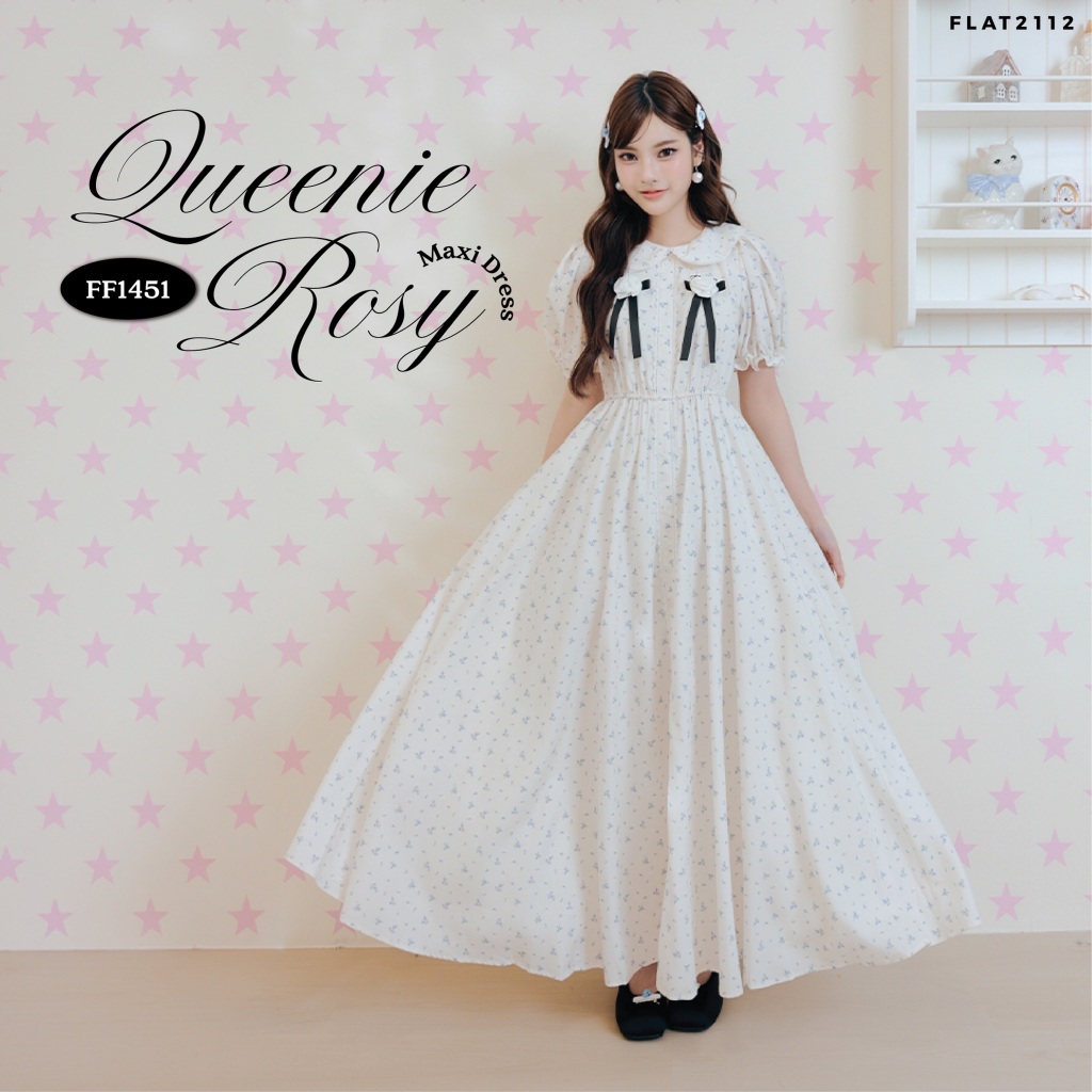 FLAT2112 : QUEENIE ROSY MAXI DRESS เดรสยาวลายดอกไม้เล็กๆ โทนสีครีมละมุน ดีเทลคอบัวระบาย แต่งโบว์ริบบิ้นดำคู่ (FF1451)