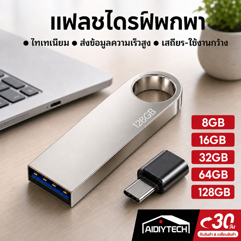 ส่งด่วน แฟลชไดร์ฟ USB3.0 แฟลชไดรฟ์โลหะ 128GB 64GB 32GB 16GB 8GB ความเร็วสูง สำรองข้อมูลมือถือและคอมพิวเตอร์ แถมฟรีหัวต่อ
