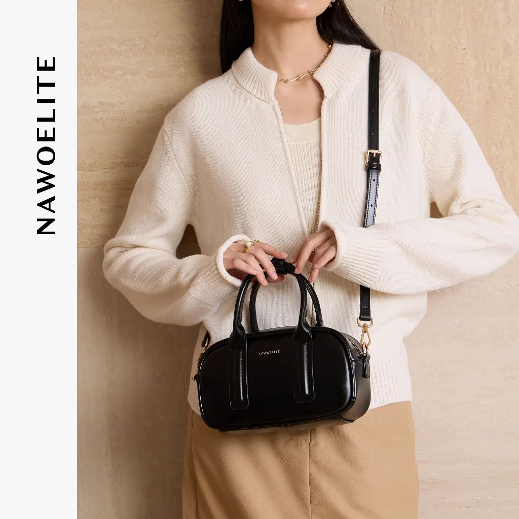 NAWOELITE Bowling Bag กระเป๋าถือผู้หญิงสีดำสไตล์วินเทจ มีสายสะพายไหล่ปรับได้ สามารถถือด้วยมือหรือสะพายข้างก็ได้
