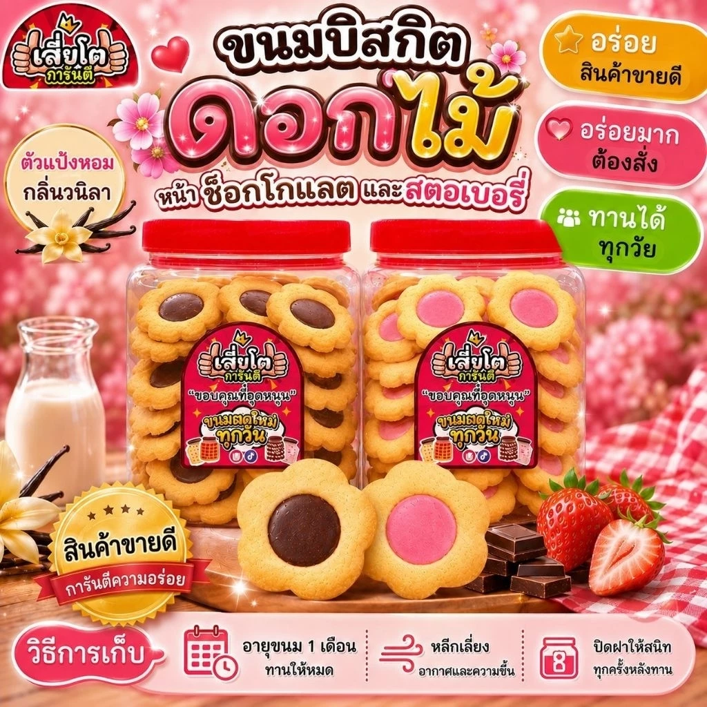 ขนมบิสกิตดอกไม้ไส้ช็อกโกแลตและบิสกิตสตอเบอรี่ เลือกขนาดด้านใน