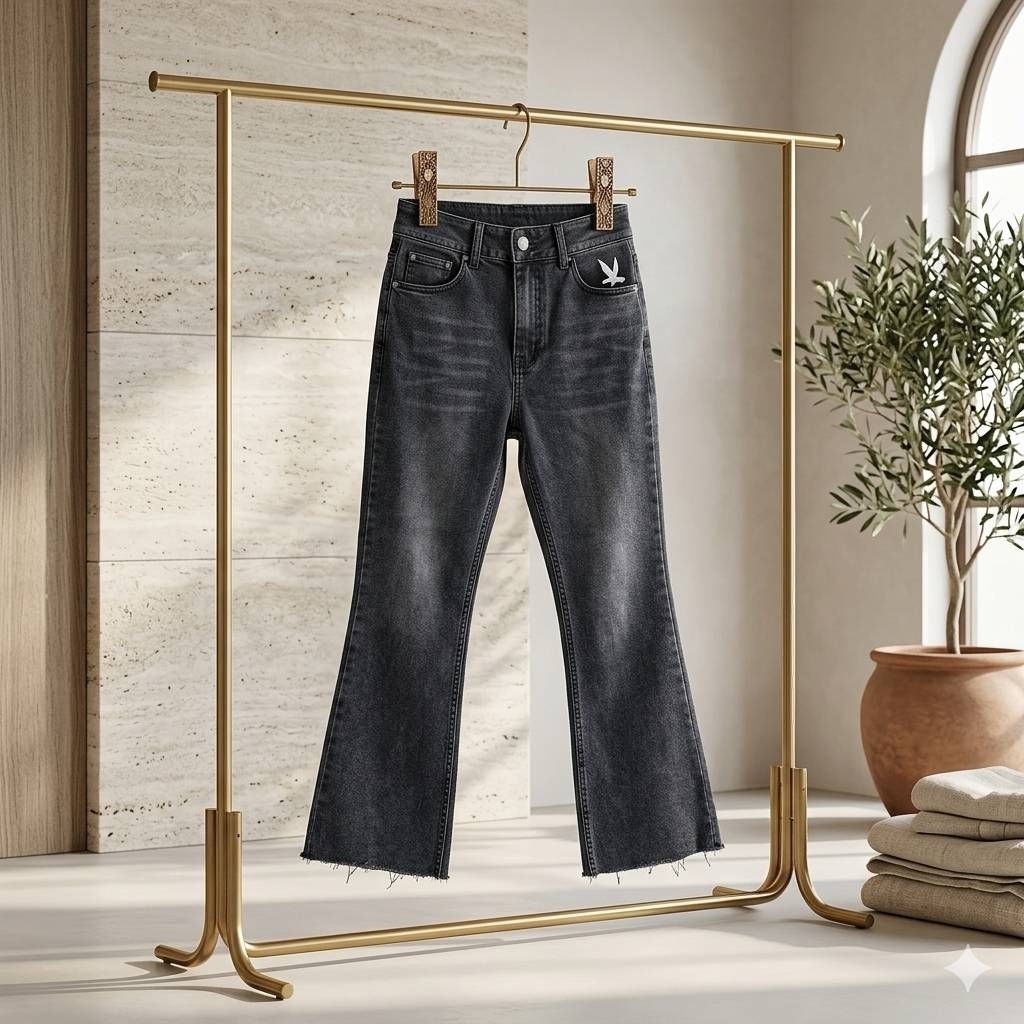 MD jeans กางเกงยีนต์ขาม้า เอวสูง ขา8ส่วน ผ้ายีนต์ยืดทรงขาม้า  ปักดอกนก ปลายขาตัด กระดุม2เม็ด