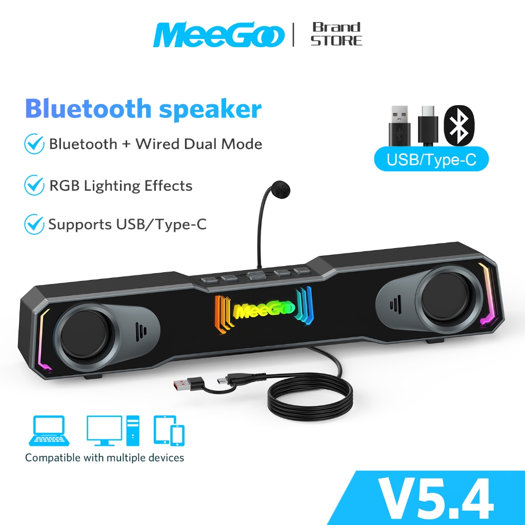 MEEGOO ลำโพงตั้งโต๊ะเกมมิ่ง RGB มี2ระบบบลูทูธ5.4/สาย USB Type-C ลำโพงคู่ 5Wx2 มีช่องต่อไมค์และหูฟัง ไฟ6โหมดปรับได้