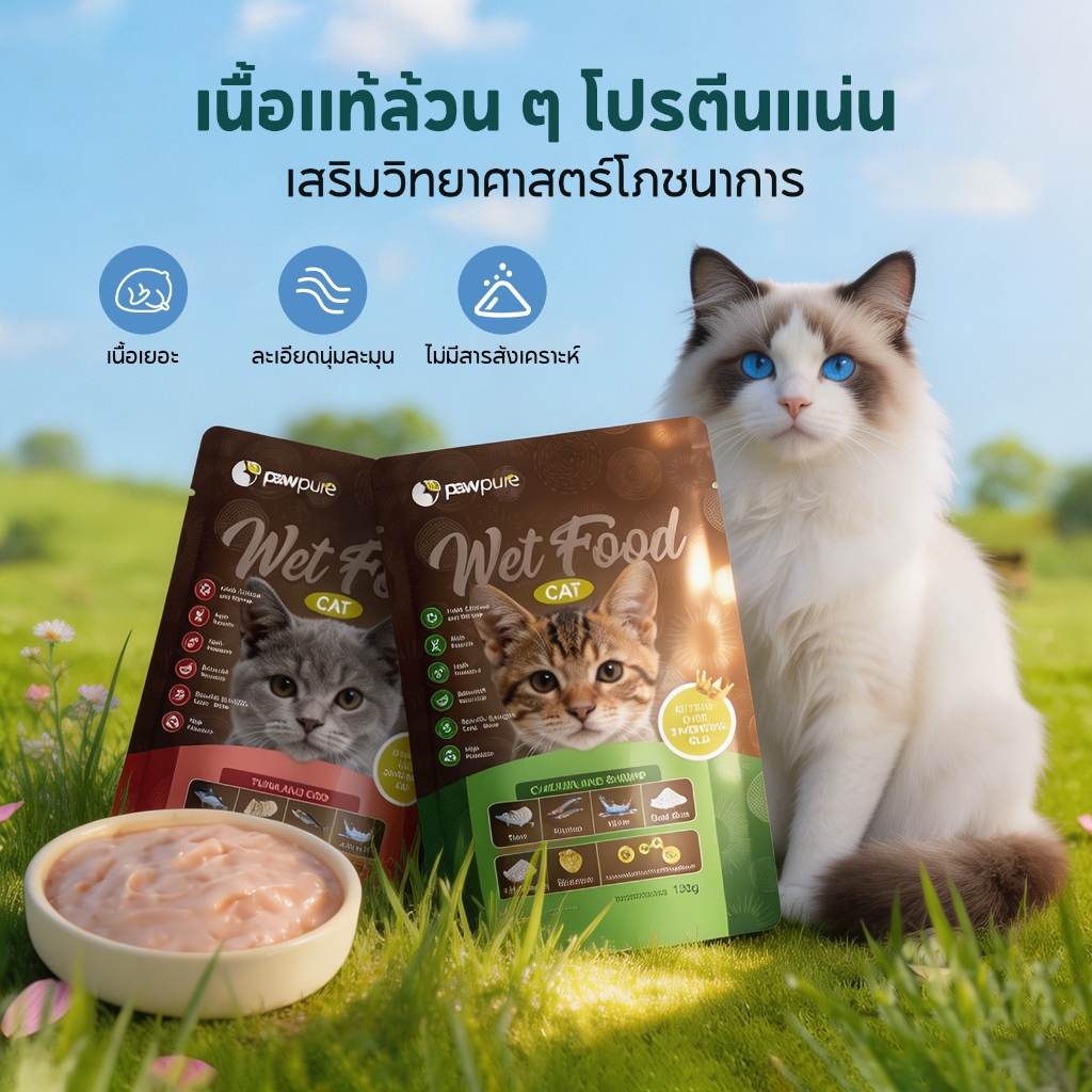 【PAW PURE】อาหารเปียกแมว 130G ไก่ผสมกุ้ง ทูน่าผสมปลาค็อด เสริมสุขภาพ สำหรับแมวทุกวัย