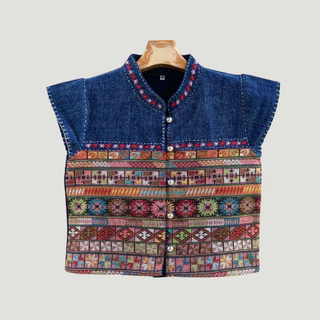 เสื้อคอจีนใบปอผ้าฝ้ายพื้นเมืองสโตน แต่งลายผ้าทอกระเหรี่ยง กระดุม5เม็ด ทรงสวยเข้ารูปสไตล์ เอวลอยน่ารัก มีขนาด38-44นิ้ว