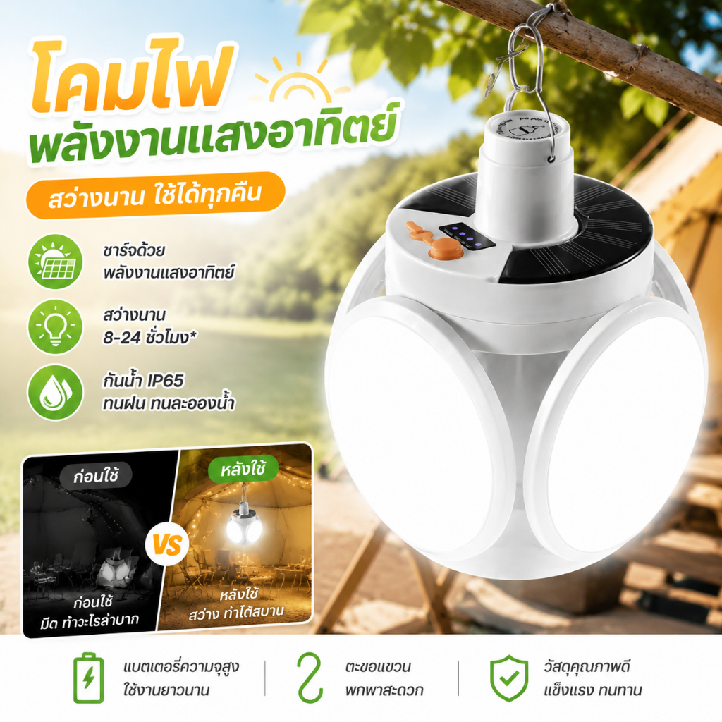 【รับประกัน30ปี】แสงแสงอาทิตย์ ไฟตั้งแคมป์กลางแจ้ง 10000W LED กันน้ำกันฝน แบตยาว72ชม โคมไฟตั้งแคมป์พกพา สำหรับปีนเขาตกปลา