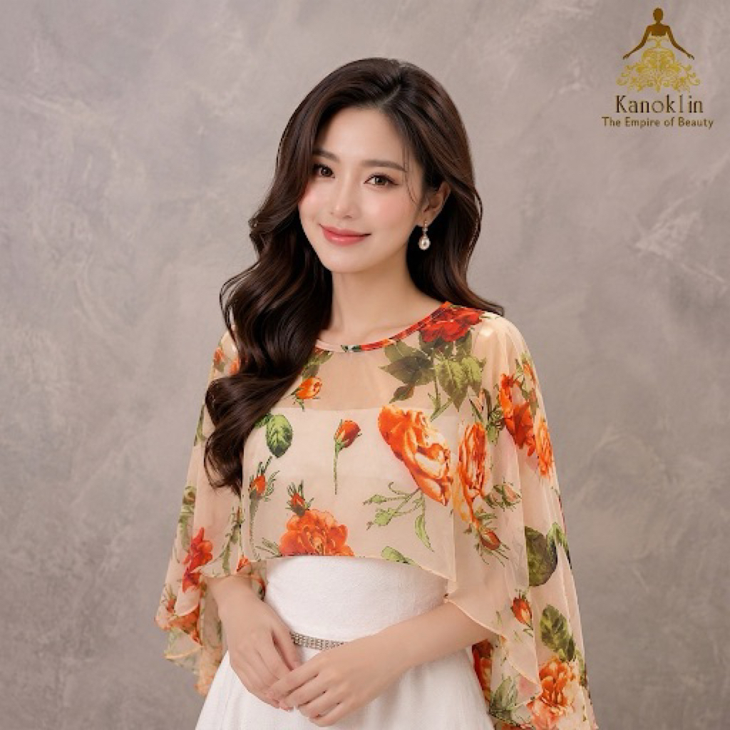 ผ้าคลุมไหล่ชีฟอง ดีไซน์ผูกหลัง เสื้อคลุมออกงาน แบรนด์ Kanok-Lin