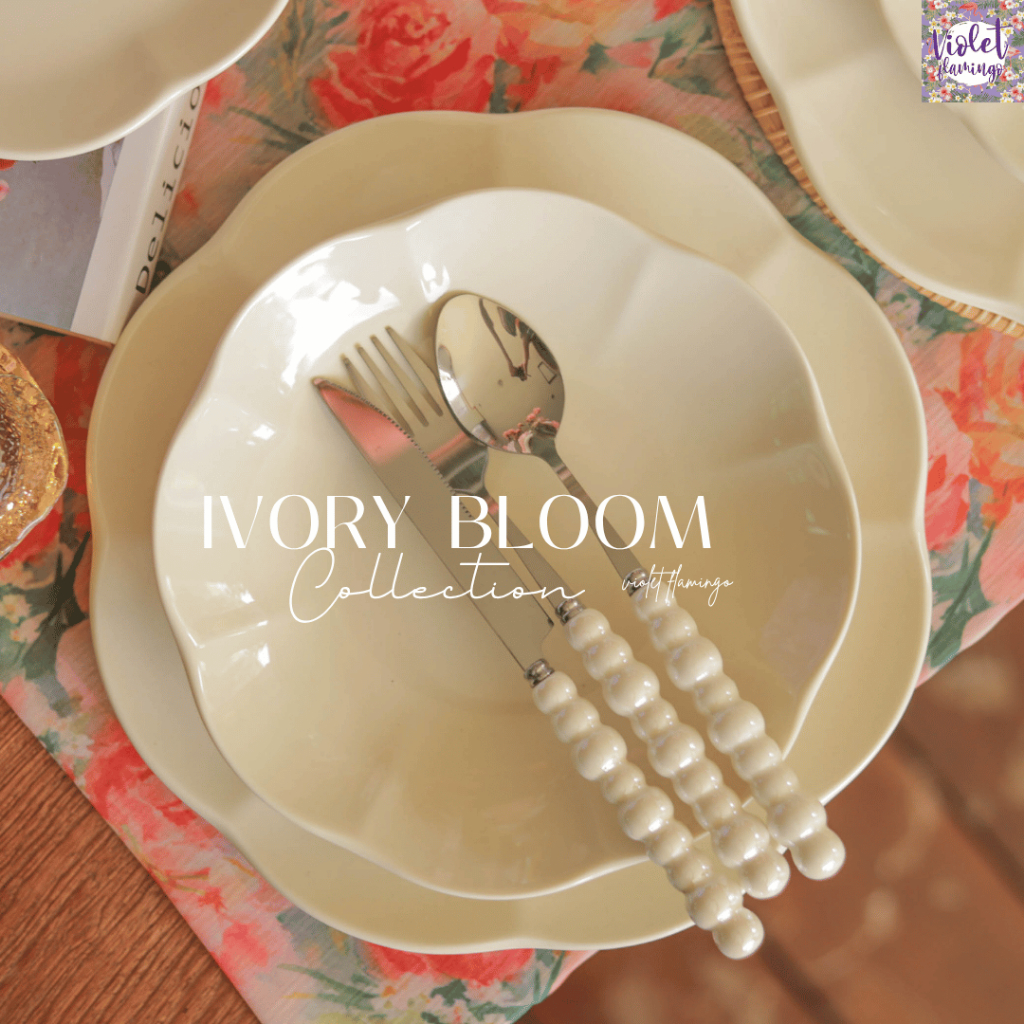Violet Flamingo | จานเซรามิกสีครีม Ivory Bloom Collection จานขอบกลีบดอกไม้ Porcelain สไตล์อังกฤษ สีงาช้าง