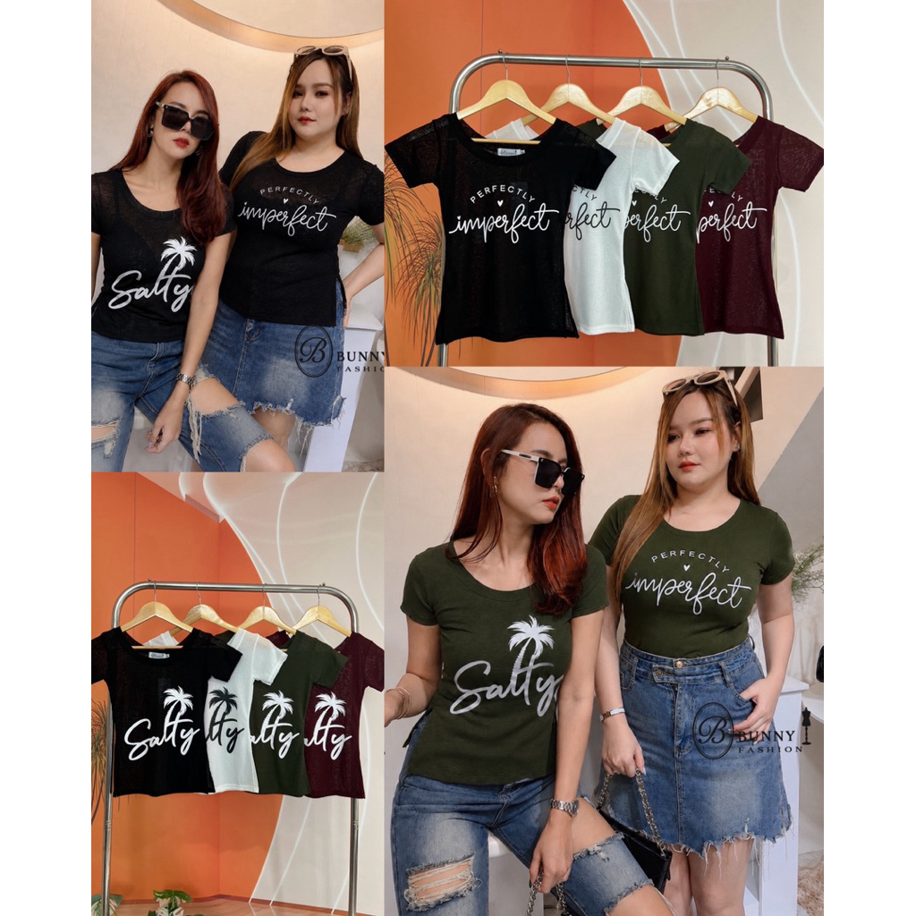 A239 BunnyFashion เสื้อสลาฟสกรีนผ่าข้างเข้ารูป ผ้าบางมี3ไซส์