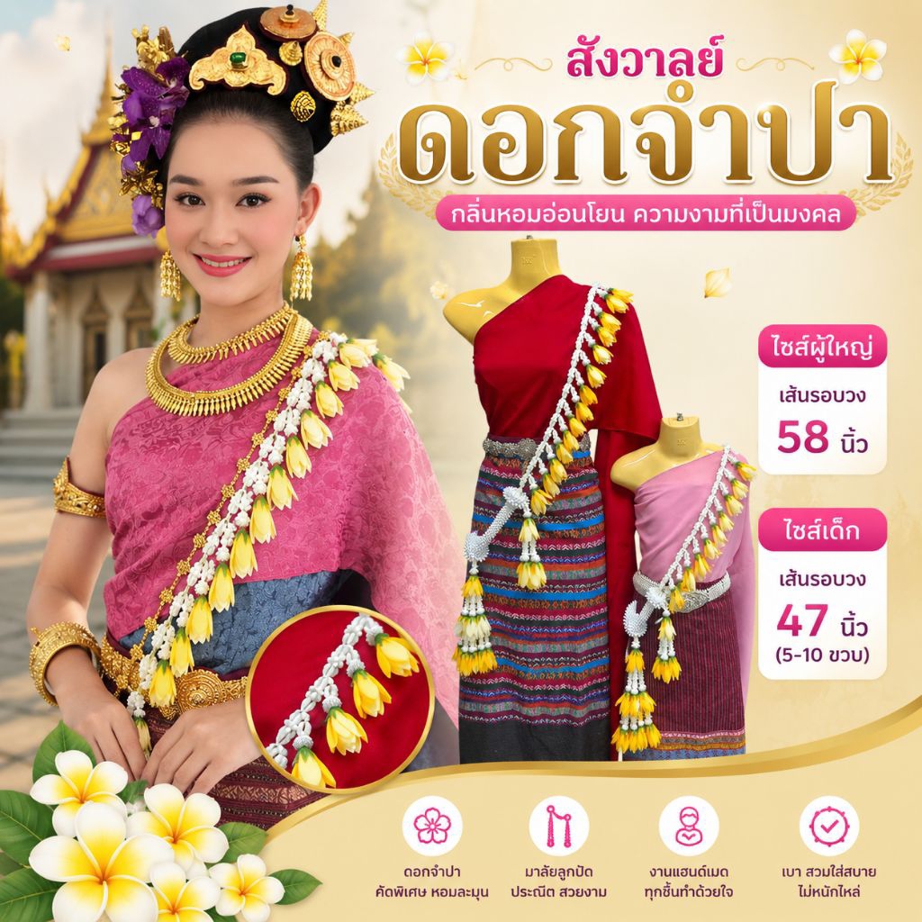 🎉Pre order🎉สังวาลย์ สังวาลย์ดอกจำปา จำปี สังวาลย์ดอกไม้ เครื่องประดับชุดไทย สังวาลย์ชุดไทย เด็ก/ผู้ใหญ่