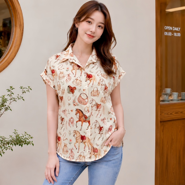 เสื้อพิมพ์ลายกราฟิค เชิ้ตคอปกแขนเบิ้ลผู้หญิง ทรงใส่สบาย ไม่ฟิต ผ้านิ่มใส่สบาย