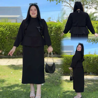 S206เซ็ท2ชิ้น เสื้อคอตั้ง+กระโปรงยาว *เสื้อมีให้เลือกแขนสั้น&แขนยาว มี3ไซส์ L XL 2XL รอบอก40-60นิ้ว ผ้าวูลเวฟ