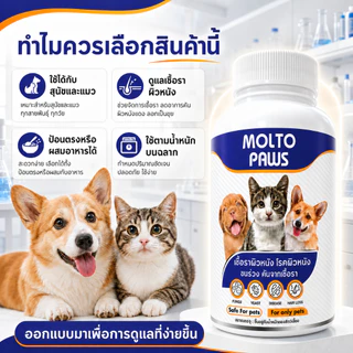 MOLTO PAWS ดูแลเชื้อราผิวหนัง สุนัข แมว ขนร่วงเป็นวง คันจากเชื้อรา ยีสต์ โรคผิวหนัง ฟื้นฟูผิวและขน ปลอดภัย