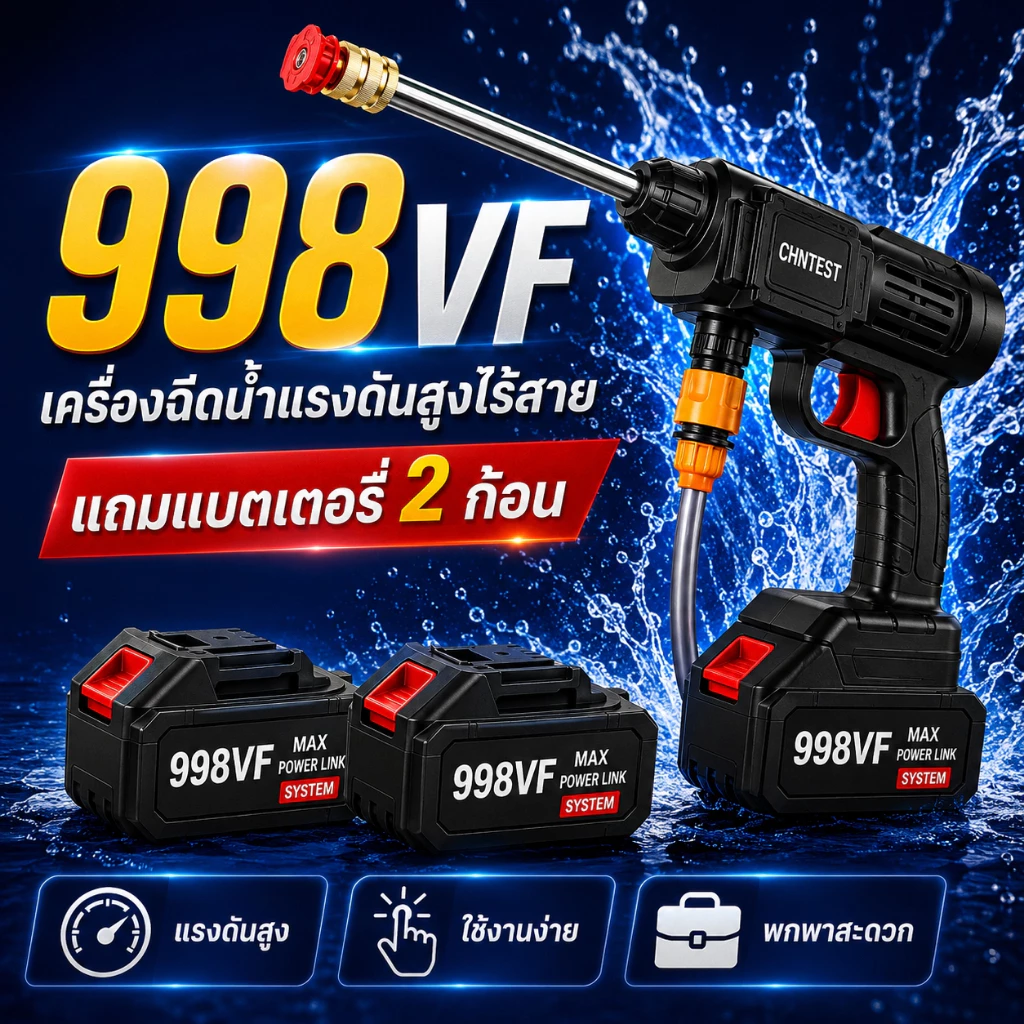 เครื่องฉีดน้ำแรงดันสูงไร้สาย 998VF ล้างรถ ล้างมอเตอร์ไซค์ แถมแบตเตอรี่ 2 ก้อน พร้อมอุปกรณ์ครบชุด