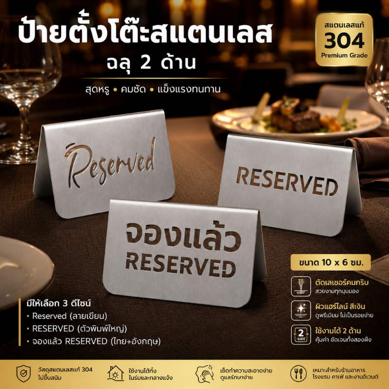 Reserved Table Sign ป้ายสแตนเลสฉลุ 2 ด้าน จองแล้ว / Reserved แบบตั้งโต๊ะ ขนาด 10x6 ซม. สำหรับร้านอาหาร คาเฟ่ โรงแรม