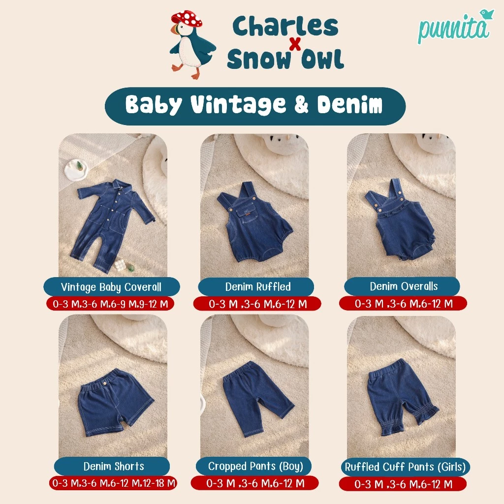 Charles x Snow Owl ชุดผ้ายีนส์ เด็กเล็ก 0-1 ขวบ Denim & Vintage