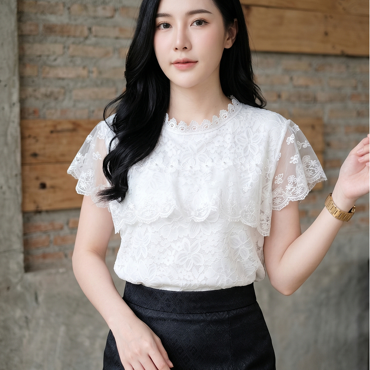 SASIE' เสื้อลูกไม้ผ้านิ่ม White Lace Blouse ดอกไม้มุกอก สำหรับผู้หญิง