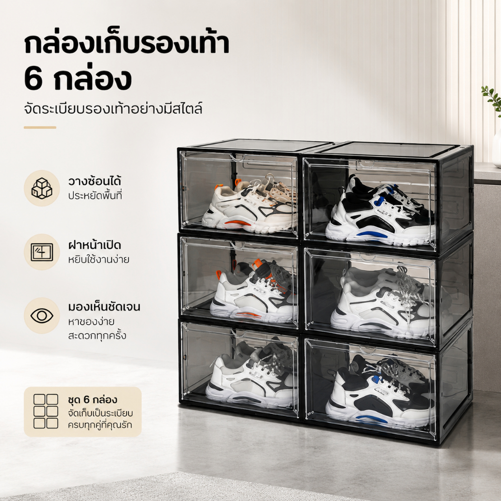 [ซื้อ 4 แถม 2 🔥] กล่องรองเท้า กล่องใส่รองเท้า กล่องเก็บของอเนกประสงค์ ชั้นวางรองเท้า กันน้ำ กันฝุ่น ใสชัด เปิดข้าง ว