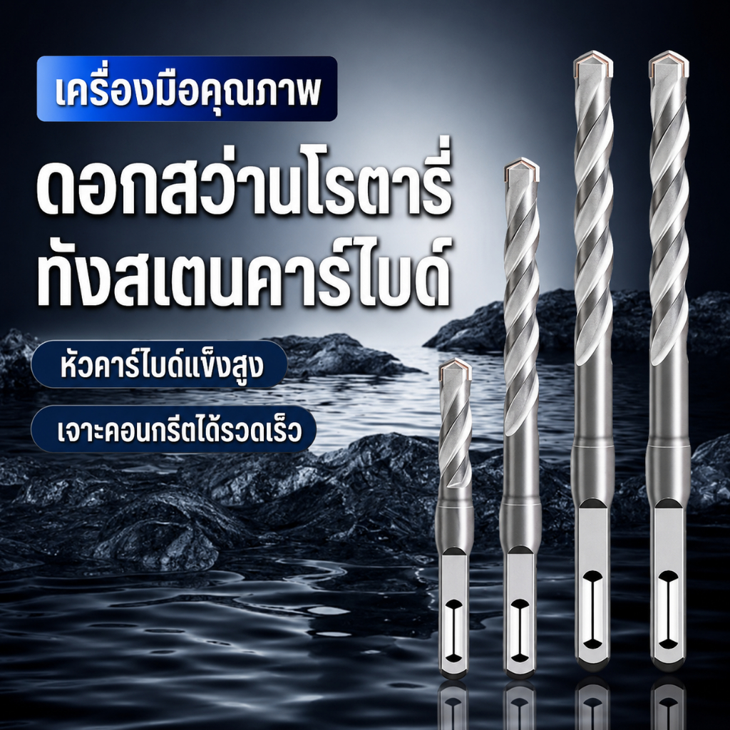 ดอกสว่านโรตารี่ เกรดคุณภาพ SDS Plus คาร์ไบด์ทังสเตน เจาะคอนกรีต อิฐ หิน กระเบื้อง ก้าน 4 ร่อง หลายขนาด