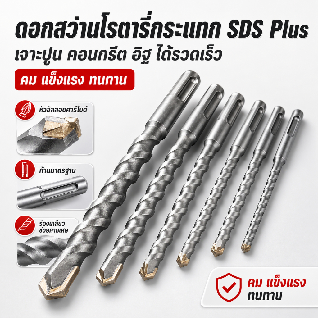 ดอกสว่านโรตารี่ คุณภาพดี SDS Plus หัวคาร์ไบด์ เจาะคอนกรีต ปูน อิฐ หิน กระเบื้อง ก้าน 4 ร่อง หลายไซซ์