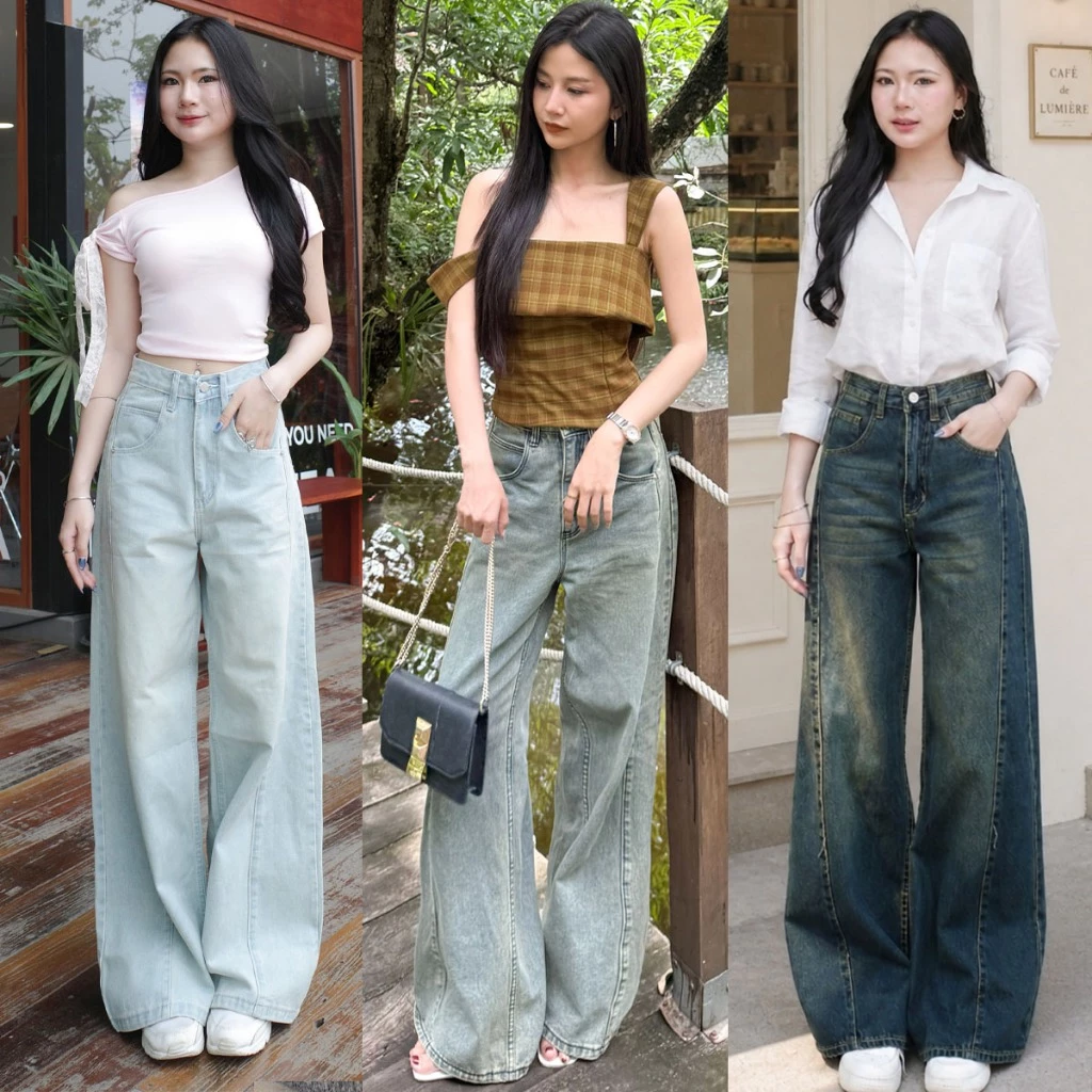 กางเกงยีนส์ขากระบอกใหญ่แต่งตะเข็บ รุ่น Vogue Jeans