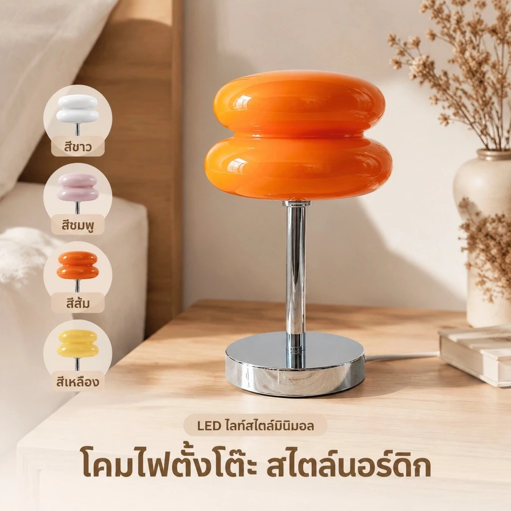 โคมไฟตั้งโต๊ะLED โคมไฟแบบแก้ว โคมไฟข้างเตียง ชราจUSB สําหรับตกแต่งห้องนอน สไตล์ทันสมัย