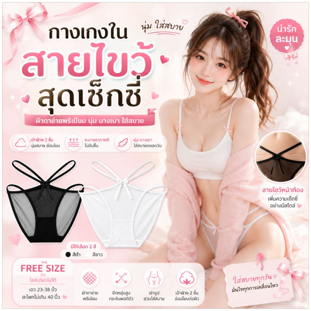 💥Sanay Bra💥 (N1158) กางเกงในผ้าตาข่ายสายคู่ เซ็กซี่สไตล์มินิมอล | ผ้านุ่ม โปร่งเบา ระบายอากาศดี
