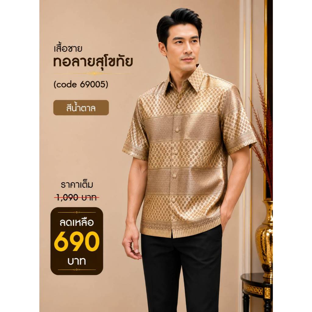 69005 เสื้อผู้ชาย ไหมทอลายสุโขทัย เกรดพรีเมี่ยม ดีไซน์คอปก กระดุมหน้าจริง สวมใส่สบาย