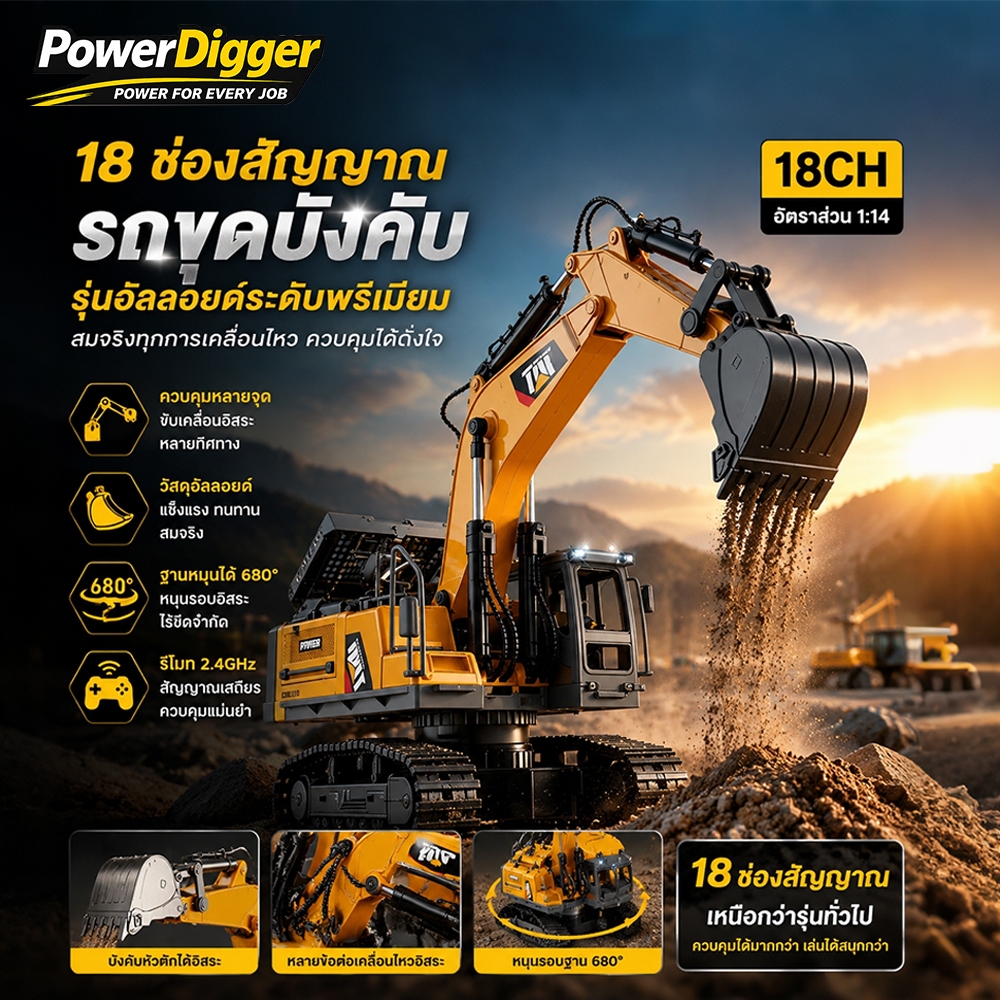 รถขุดบังคับวิทยุ 18CH 1:14 ควบคุมอิสระหลายจุด ขุดดินได้จริง บุ้งกี๋อัลลอยด์