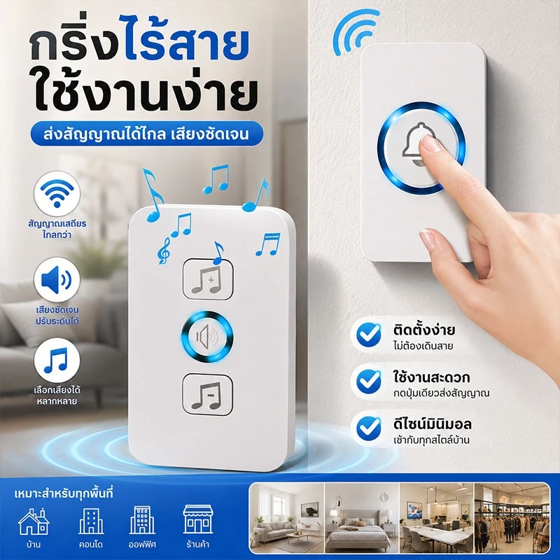 กริ่งประตูไร้สาย ระยะการใช้งาน 800 เมตร กันน้ำและฝุ่น ริงโทน 36 เสียง ด้วยเสียงเมโลดี้ที่สดใสหลากหลาย thumbnail 4