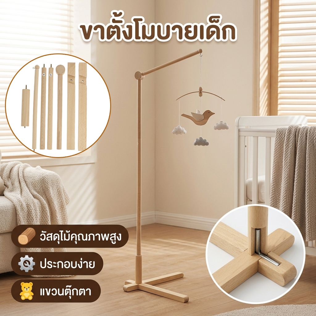 แขนแขวนของเล่นเหนือเตียงเด็ก | ตั้งพื้น ทำจากไม้ สูง 153.5 ซม. | ขยับได้ | สำหรับแขวนโมบายล์และของเล่น ขาตั้งโมบายเด็กไม