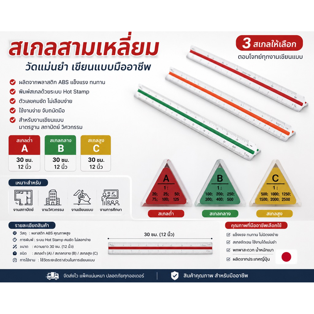 Project ไม้บรรทัด สเกลสามเหลี่ยม ไม้บรรทัดสเกล 5 ใบพับ สำหรับงานเขียนแบบ มีหลายขนาด