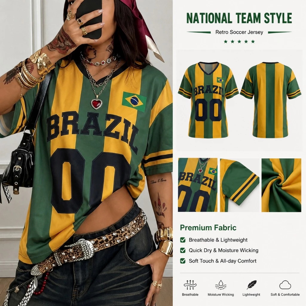 ย2เค เสื้อฟุตบอลบราซิล - เสื้อยืดคอวีลายทางสีเขียวและสีเหลืองทรงหลวมสไตล์สตรีท เสื้อฟุตบอลบราซิล